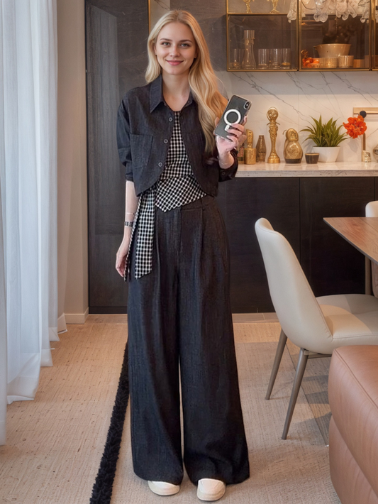 格紋吊帶長袖休閒寬褲三件套★CO1012