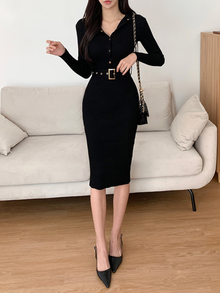 氣質圓領修身單排扣針織洋裝(黑)K1013