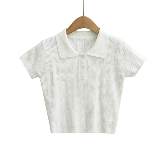 法式氣質翻麻花針織短袖POLO衫(白)