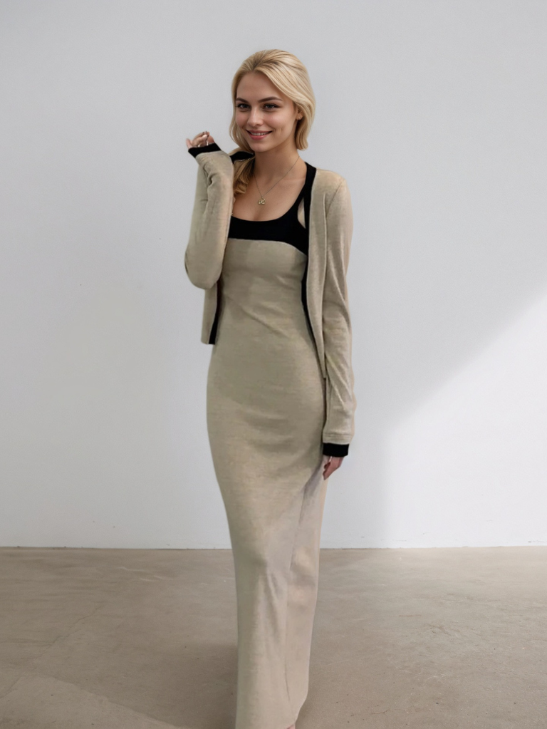 撞色吊帶修身長裙兩件套★E1003