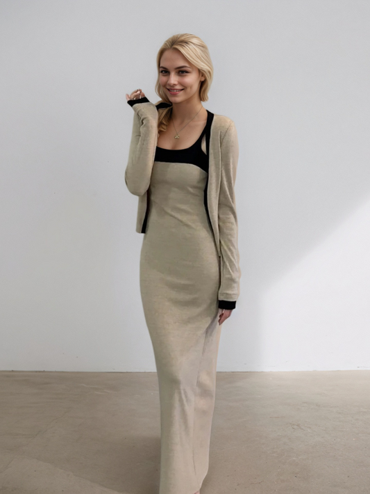 撞色吊帶修身長裙兩件套★E1003