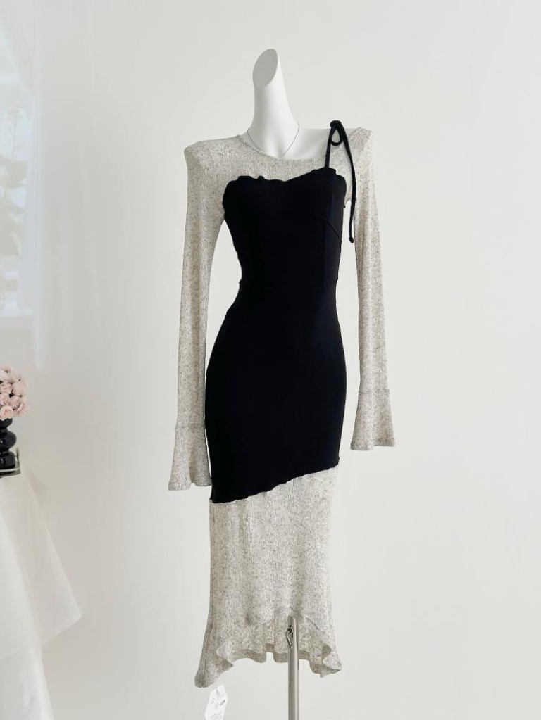 拼色不規則假兩件喇叭袖針織連身裙★K1008