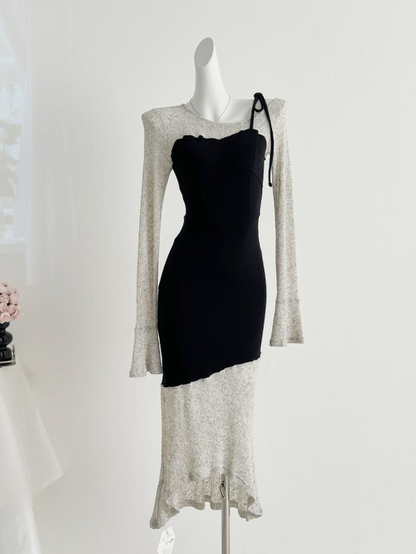 拼色不規則假兩件喇叭袖針織連身裙★K1008