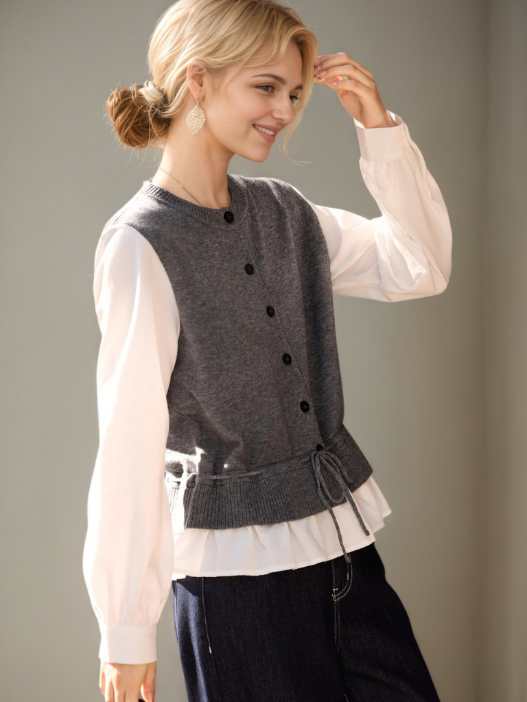 假兩件撞色拼接顯瘦針織衫KN1001