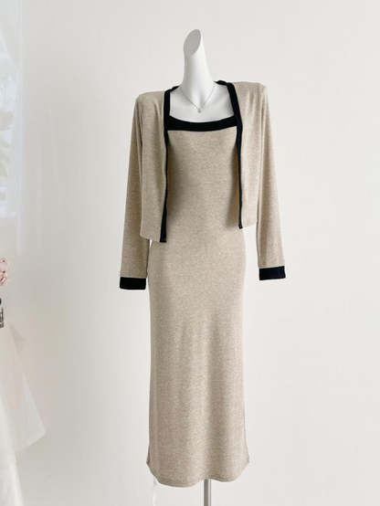 撞色吊帶修身長裙兩件套★E1003