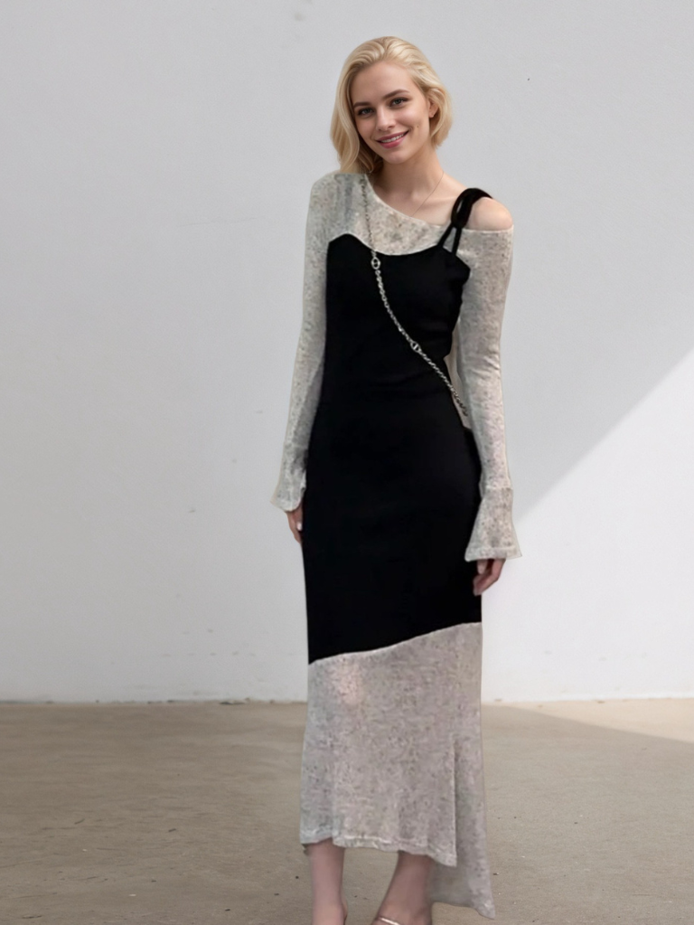 拼色不規則假兩件喇叭袖針織連身裙★K1008