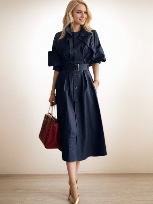 韓版氣質立領收腰長裙風衣兩穿E1033