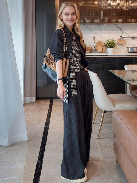 格紋吊帶長袖休閒寬褲三件套★CO1012