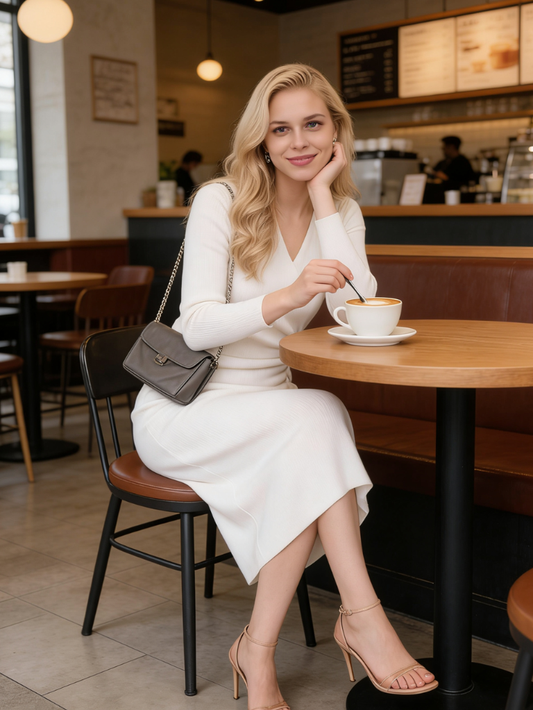 韓版V領修身高彈抽繩式洋裝K1049(杏)