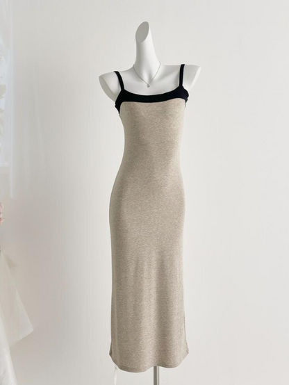 撞色吊帶修身長裙兩件套★E1003