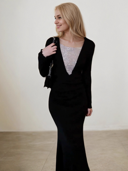 名媛風深V拼接長袖魚尾洋裝E1030