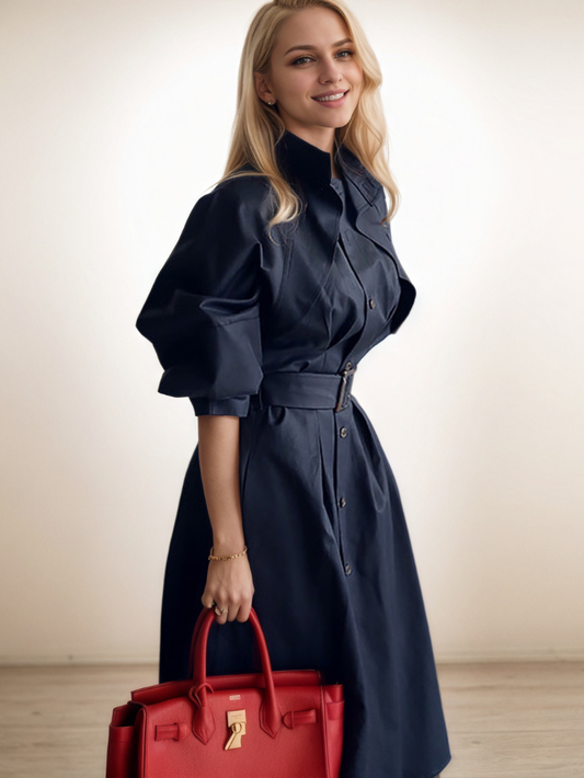 韓版氣質立領收腰長裙風衣兩穿E1033