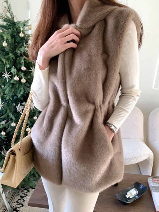 Chic水貂毛皮韓版馬甲外套(摩卡)LI1002