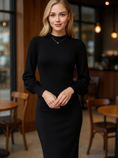 新款半高領燈籠袖修身復古針織洋裝K1047 (黑)