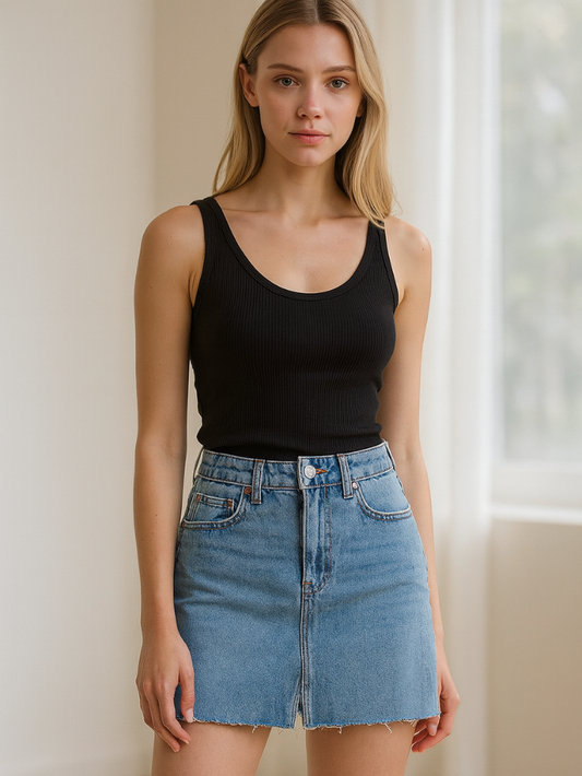 多色高腰高彈性牛仔短裙(淺藍)DE1007