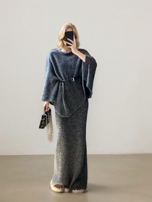 氣質慵懶風針織斗篷罩衫套裝(灰)K1016