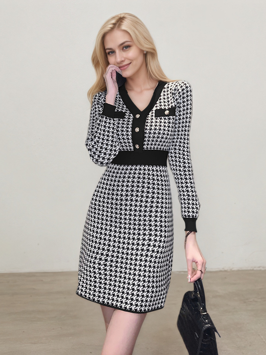 法式小香風千鳥格名媛針織洋裝(黑)K1005