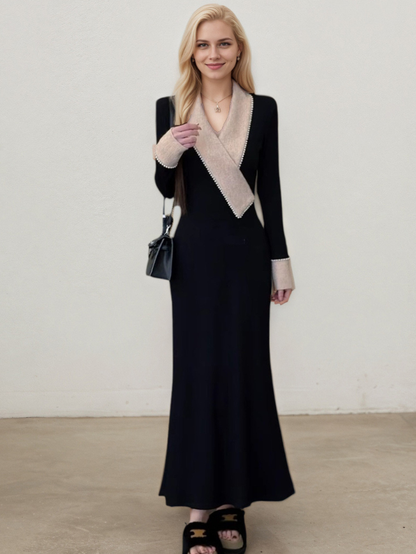 甜心款加絨氣質V領珍珠連身裙E1031