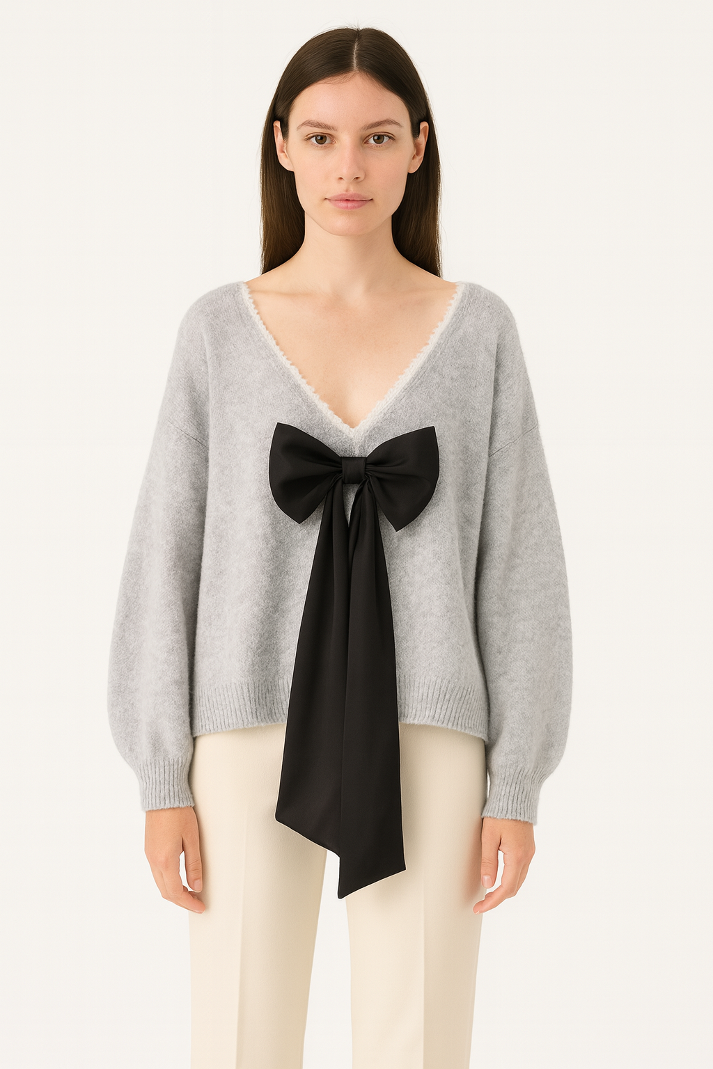 後背大V領蕾絲花邊針織衫(灰色)KN1008