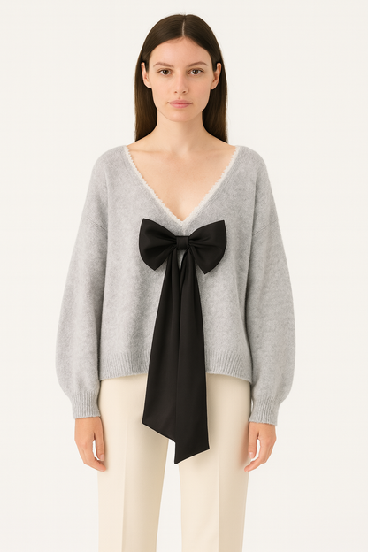 後背大V領蕾絲花邊針織衫(灰色)KN1008