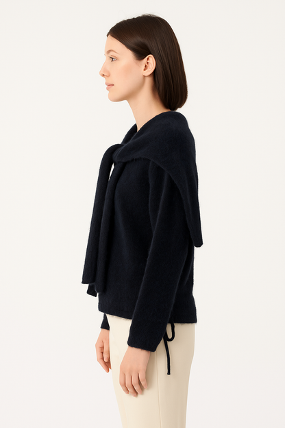 秋季新款法式氣質披肩長袖兩件式毛衣(藏藍)KN1013