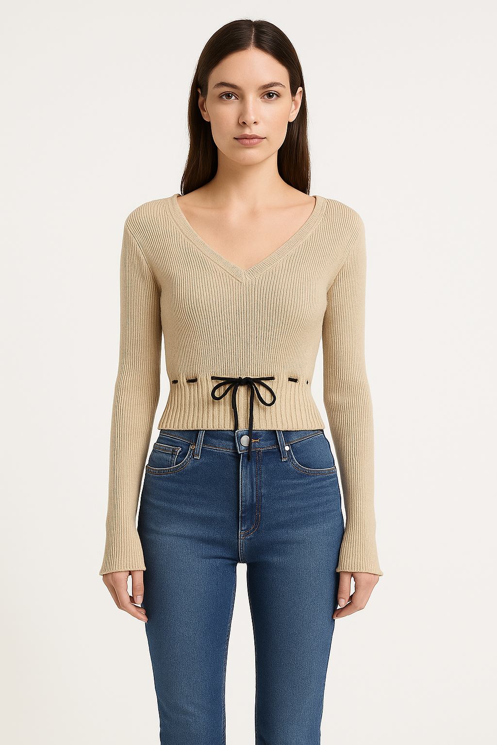 V字領抽繩收腰喇叭袖針織衫(卡其)KN1004