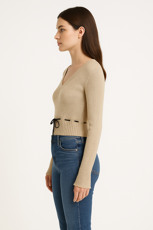 V字領抽繩收腰喇叭袖針織衫(卡其)KN1004