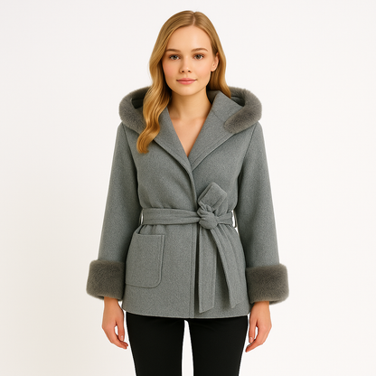 斗篷式收腰綁帶連帽大衣外套WA1003