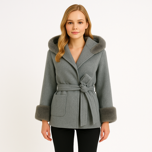 斗篷式收腰綁帶連帽大衣外套WA1003