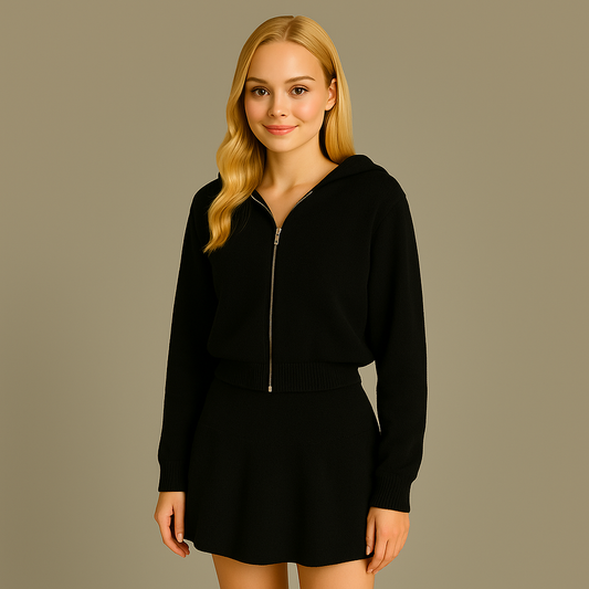 純色連帽雙拉鍊針織套裝(黑)AT1011