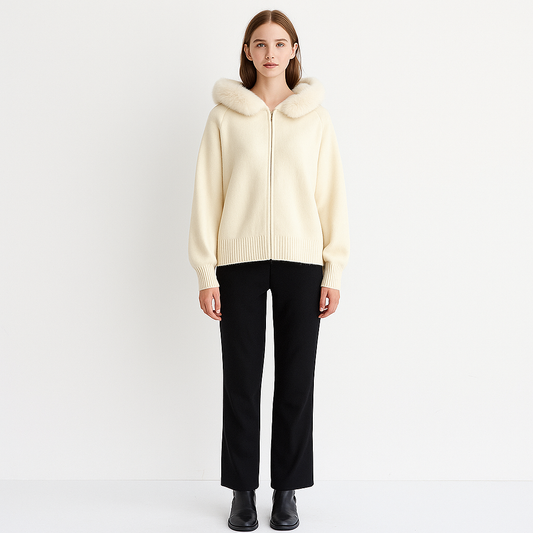 復古毛毛連帽拉鍊長袖針織外套(米白)LI1006