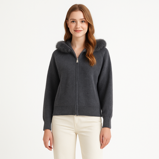 復古毛毛連帽拉鍊長袖針織外套(深灰)LI1006