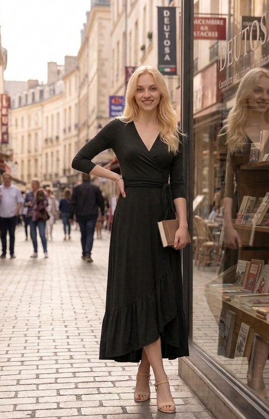 法式交叉收腰顯瘦長洋裝 (黑色) E2015