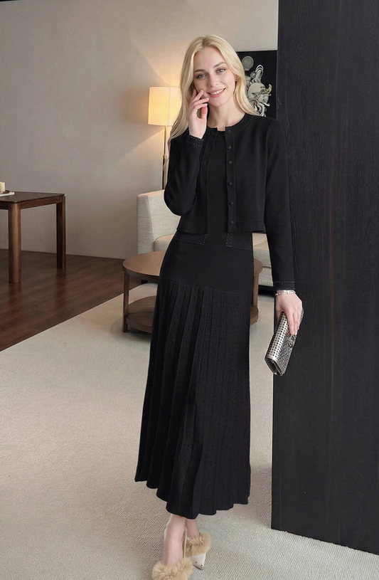 赫本風法式優雅｜精緻小香風針織兩件套(黑色) E2014