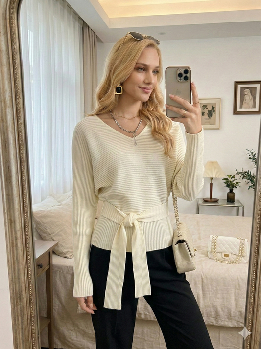 法式迷人V領修身綁帶上衣(白色)KN2000