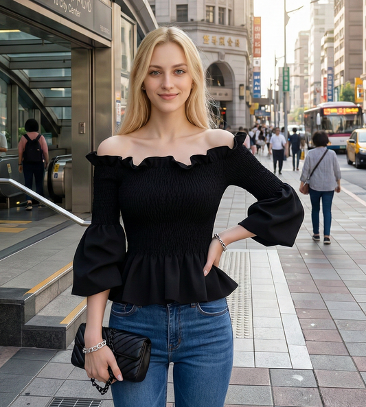 法式一字領荷葉邊澎袖上衣 LS2001