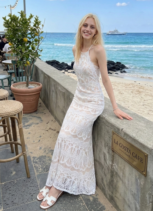 波西米亞精緻蕾絲挖背長洋裝 E2013