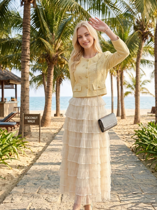 小香風金扣短版外套X 浪漫層次蛋糕紗裙套裝 CO2005