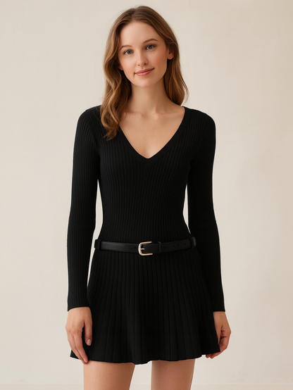 深V領復古長袖洋裝(黑)KN1015