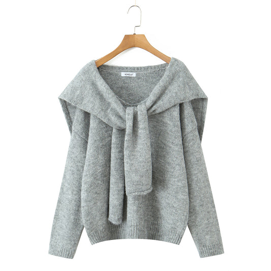 秋季新款法式氣質披肩長袖兩件式毛衣(淺灰)KN1013