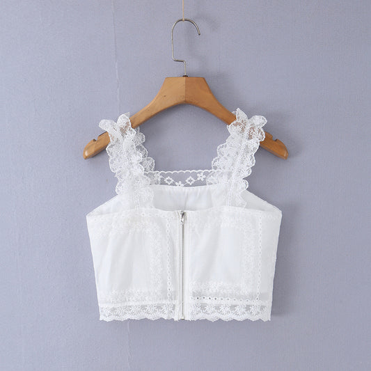 法式優雅鏤空刺繡心型繫帶背心 SS2017