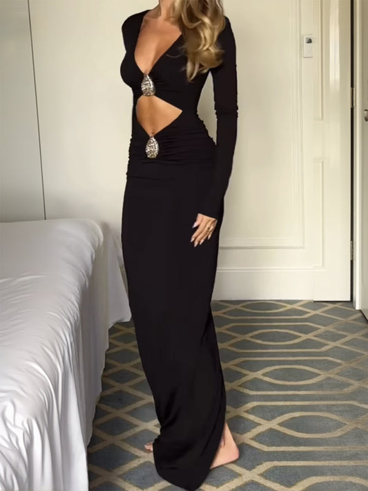 鏤空V領修身高腰魚尾連身裙FI1021