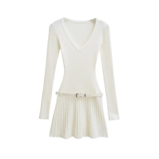 深V領復古長袖洋裝(白)KN1015