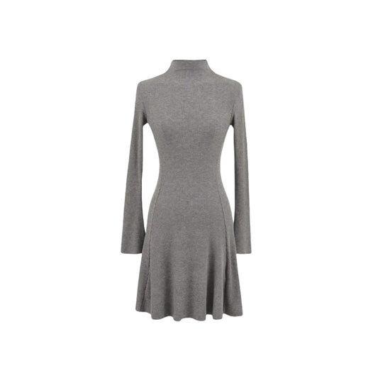 高領長袖修身針織短版洋裝(灰)K1042