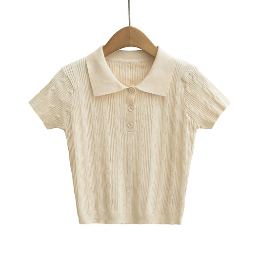 法式氣質翻麻花針織短袖POLO衫(杏)