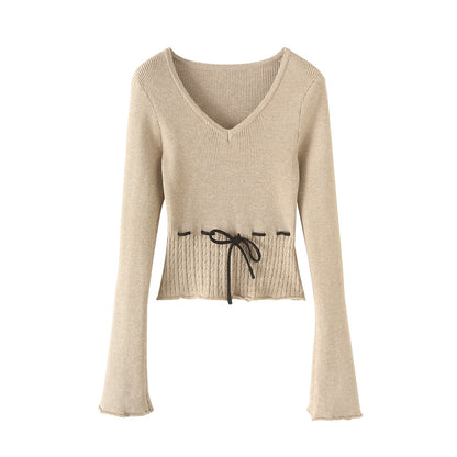 V字領抽繩收腰喇叭袖針織衫(卡其)KN1004