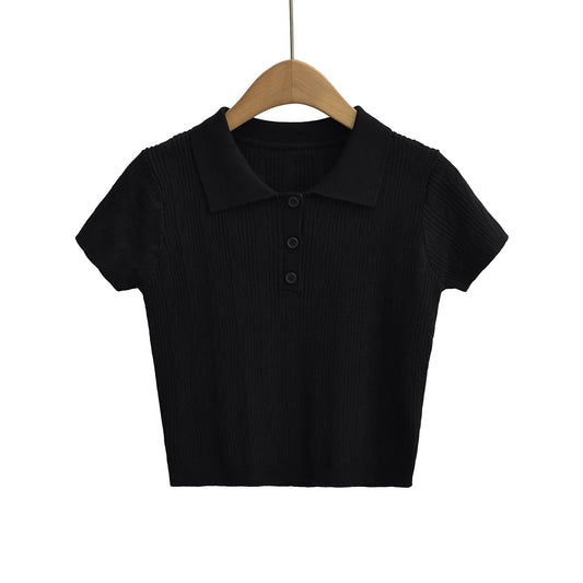 法式氣質翻麻花針織短袖POLO衫(黑)
