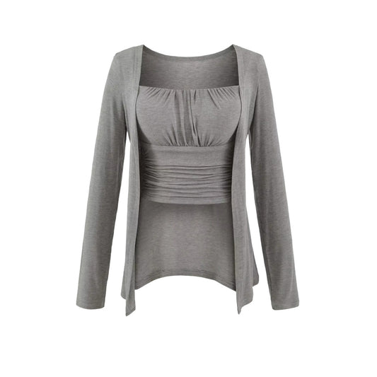 外搭長袖修身吊帶背心兩件式套裝(灰)