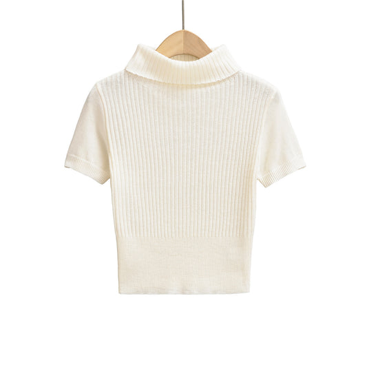 歐美風高領短袖修身針織衫(白)