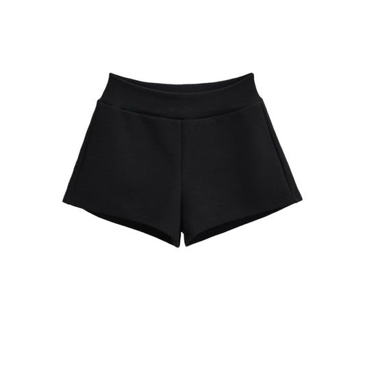 復古純色鬆緊腰加厚休閒短褲(黑色)